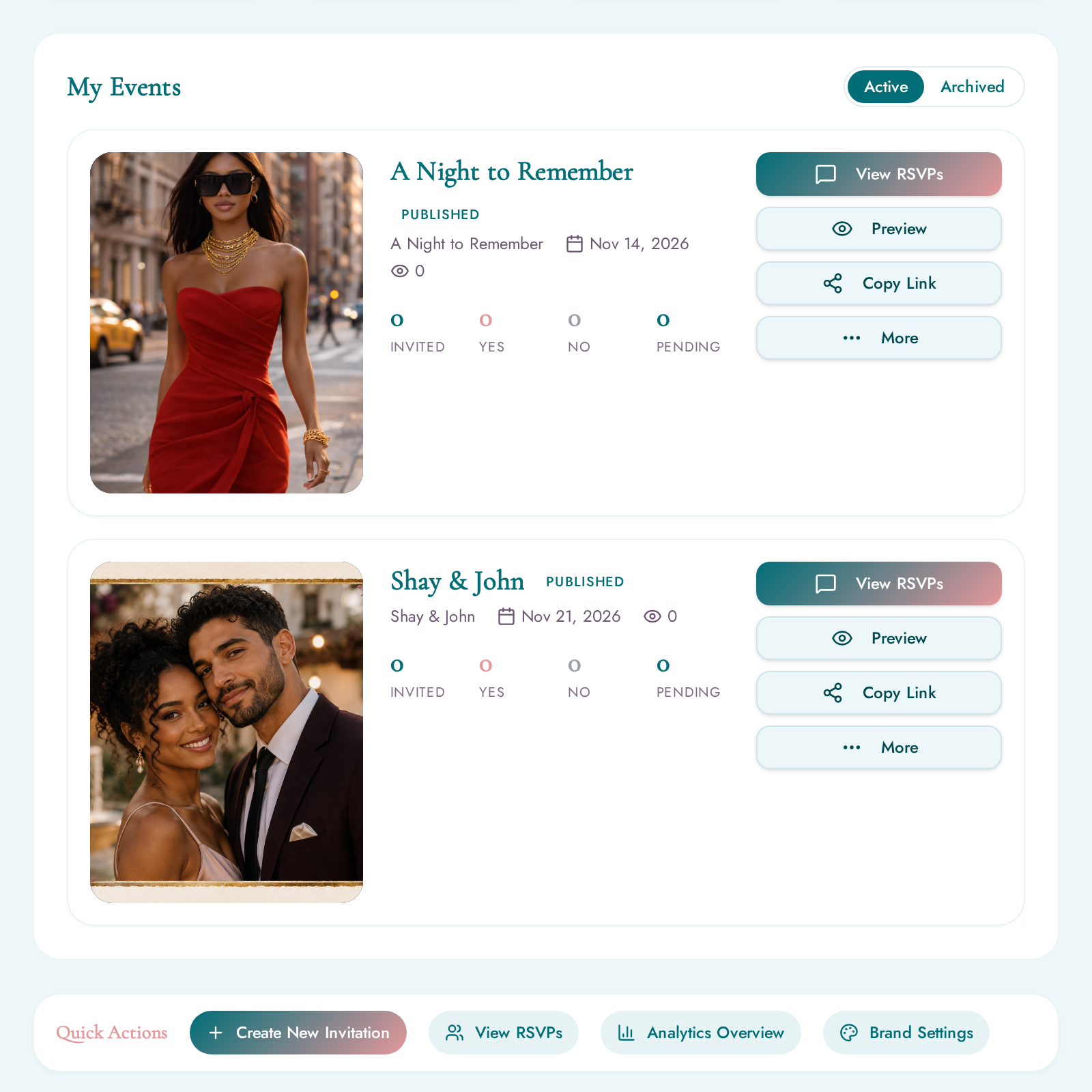 UnfoldIT planner dashboard showing published invitations and RSVP tracking